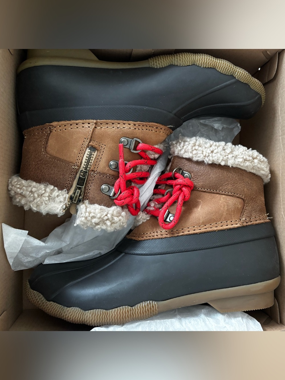 Women’s Sperry Brown Faux-Sherpa Duck Boots with Red Laces